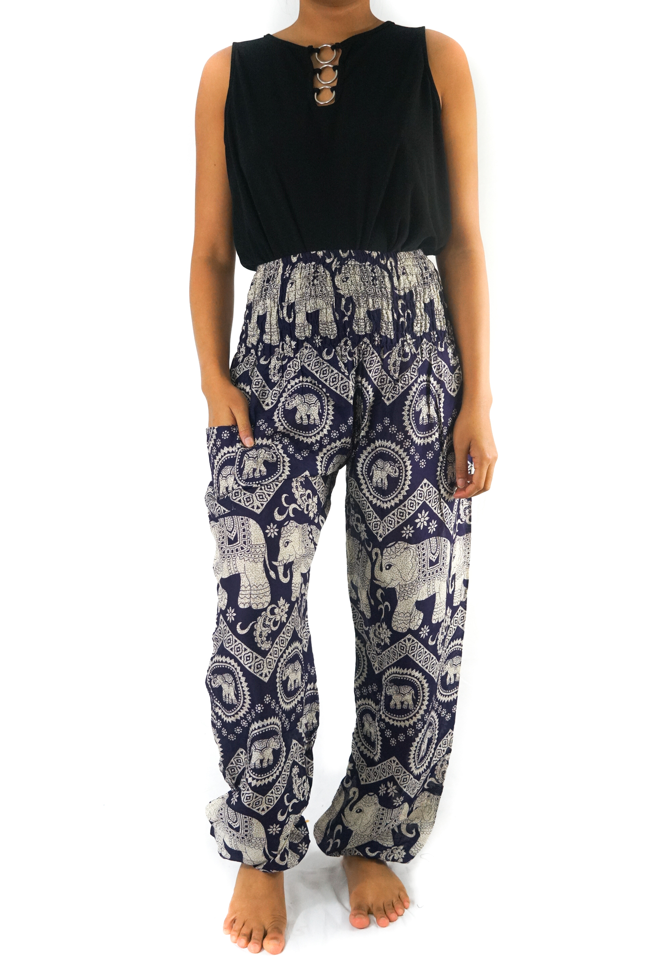 Purple Elephant Boho Pants for women, featuring a vibrant design, elastic waist, and comfortable fit, perfect for yoga and casual wear.