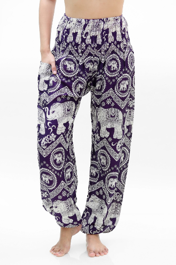 Purple Elephant Boho Pants for women, featuring a vibrant design, elastic waist, and comfortable fit, perfect for yoga and casual wear.