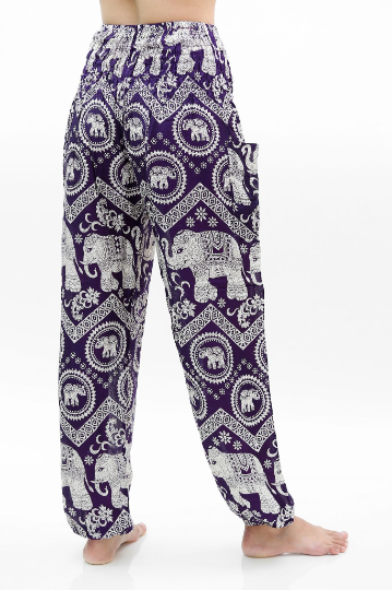 Purple Elephant Boho Pants for women, featuring a vibrant design, elastic waist, and comfortable fit, perfect for yoga and casual wear.