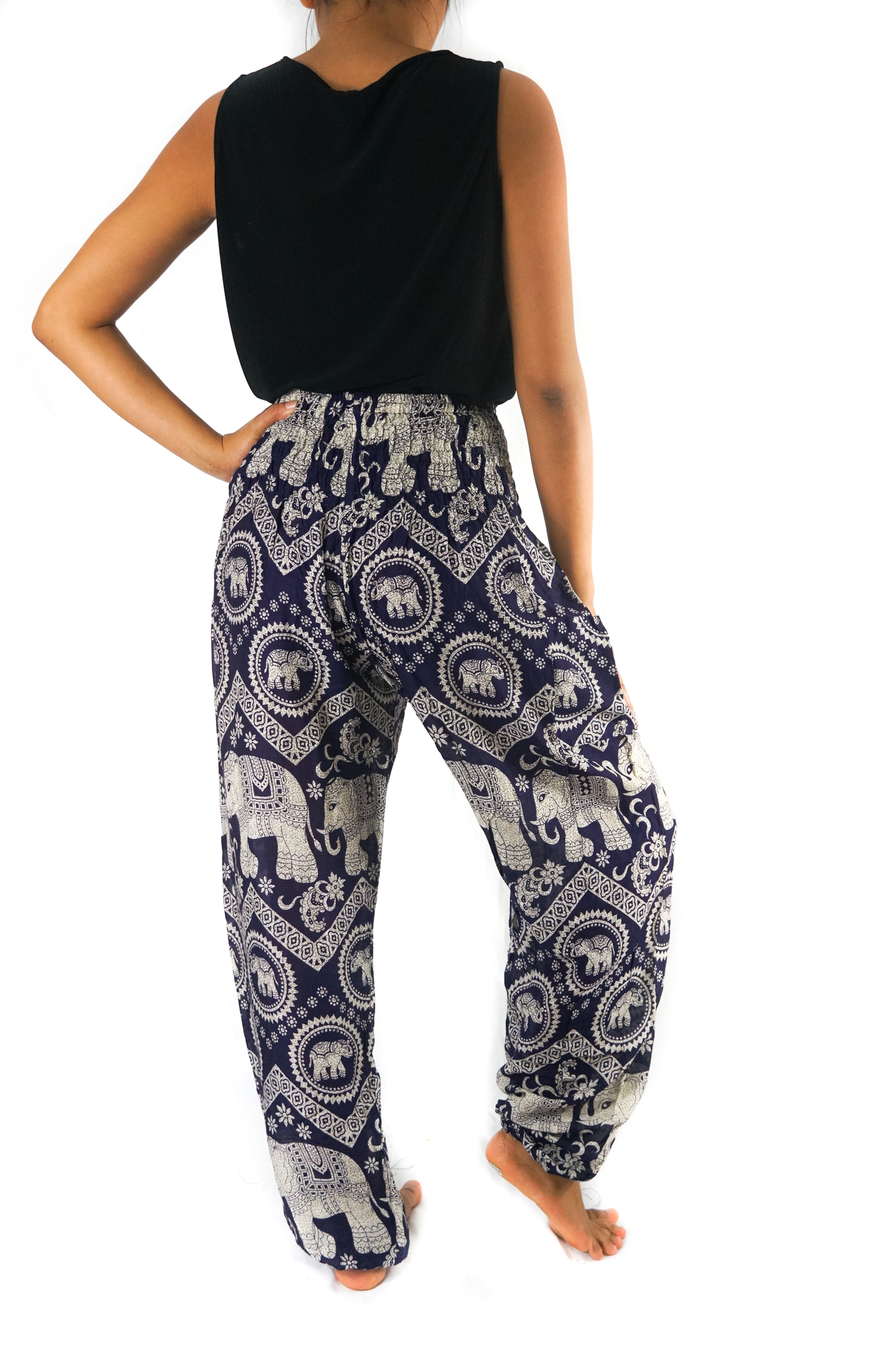 Purple Elephant Boho Pants for women, featuring a vibrant design, elastic waist, and comfortable fit, perfect for yoga and casual wear.