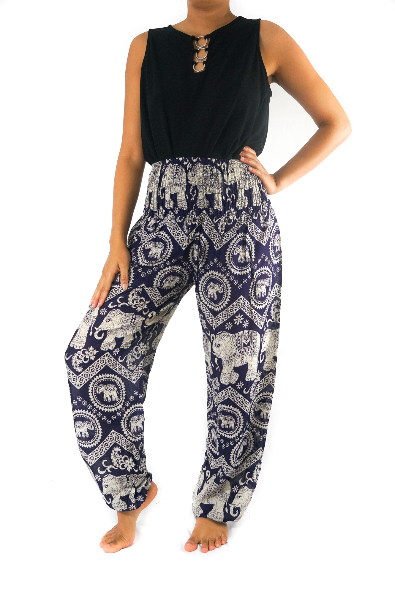 Purple Elephant Boho Pants for women, featuring a vibrant design, elastic waist, and comfortable fit, perfect for yoga and casual wear.