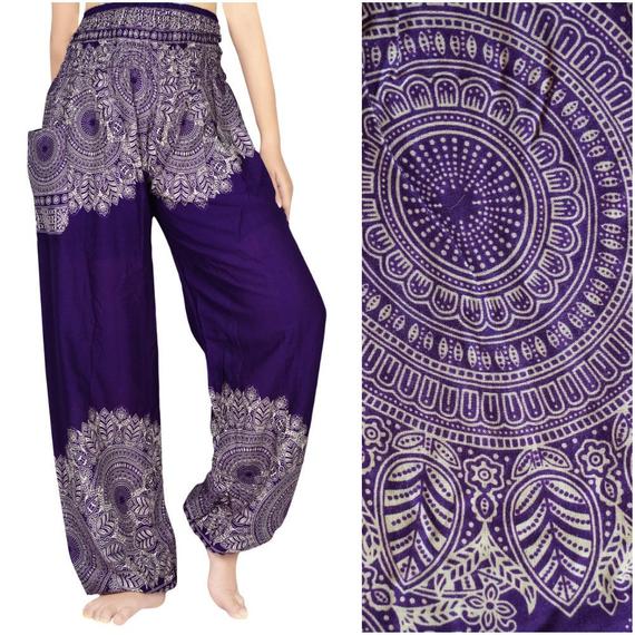 Purple floral boho pants for women, featuring an elastic waist and ankle, made from lightweight rayon, perfect for yoga and casual wear.