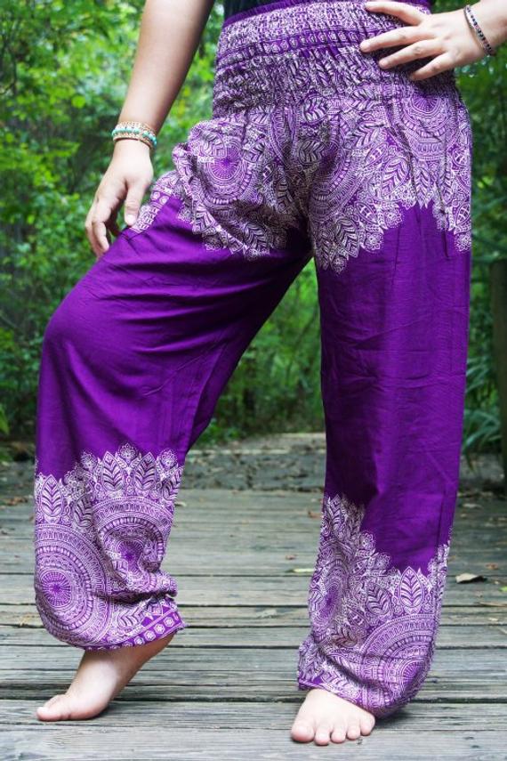 Purple floral boho pants for women, featuring an elastic waist and ankle, made from lightweight rayon, perfect for yoga and casual wear.