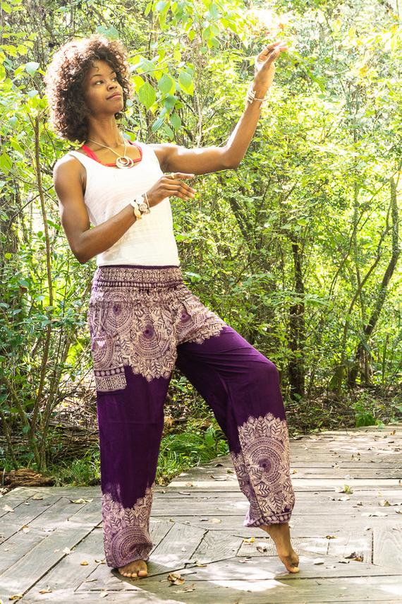 Purple floral boho pants for women, featuring an elastic waist and ankle, made from lightweight rayon, perfect for yoga and casual wear.