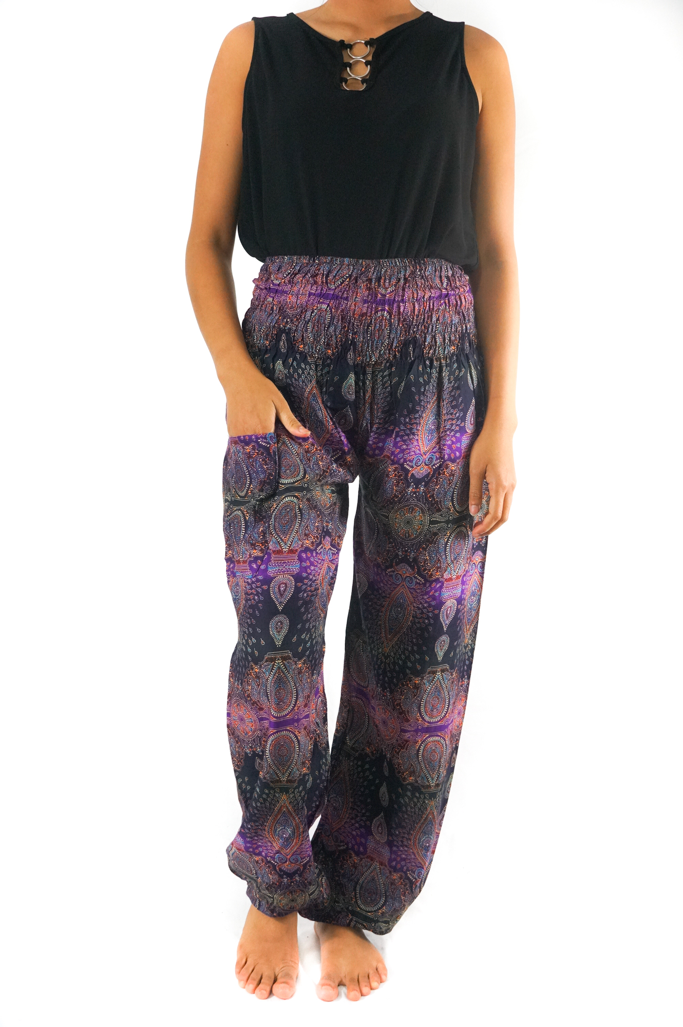 Purple PAISLEY Women Boho Pants featuring a vibrant paisley pattern, elastic waist, and ankle design, perfect for yoga and casual wear.