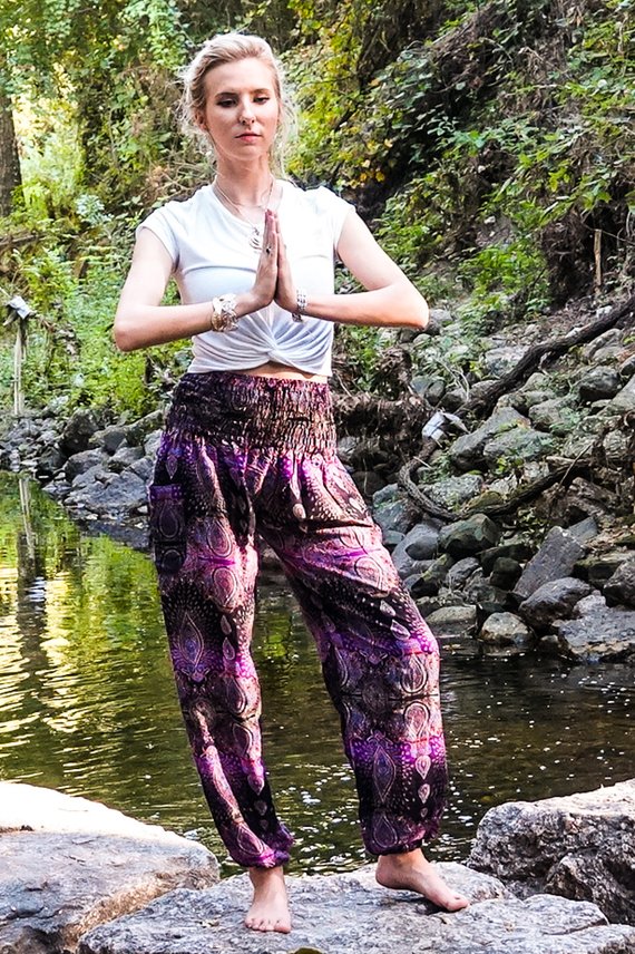 Purple PAISLEY Women Boho Pants featuring a vibrant paisley pattern, elastic waist, and ankle design, perfect for yoga and casual wear.