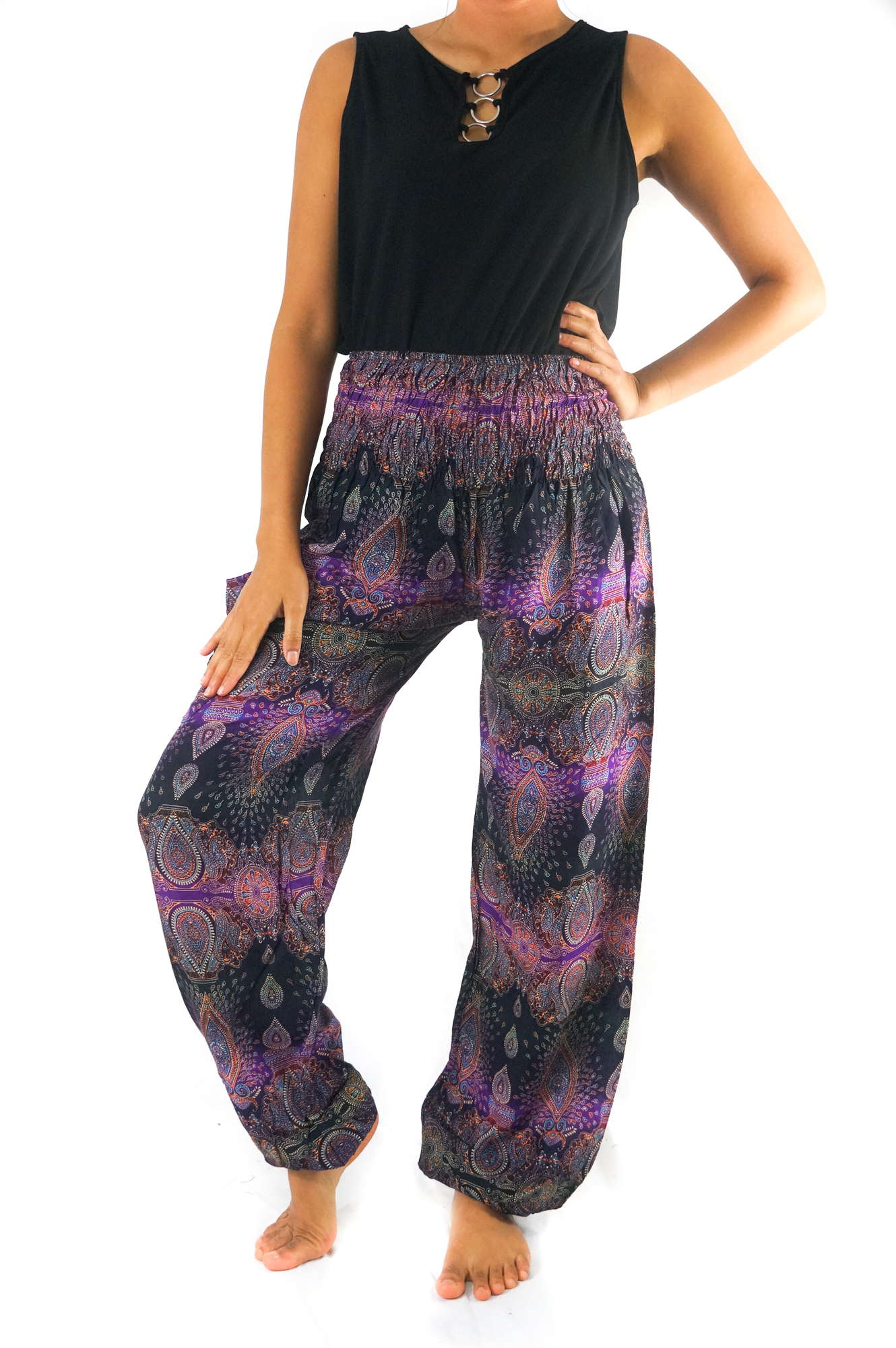 Purple PAISLEY Women Boho Pants featuring a vibrant paisley pattern, elastic waist, and ankle design, perfect for yoga and casual wear.