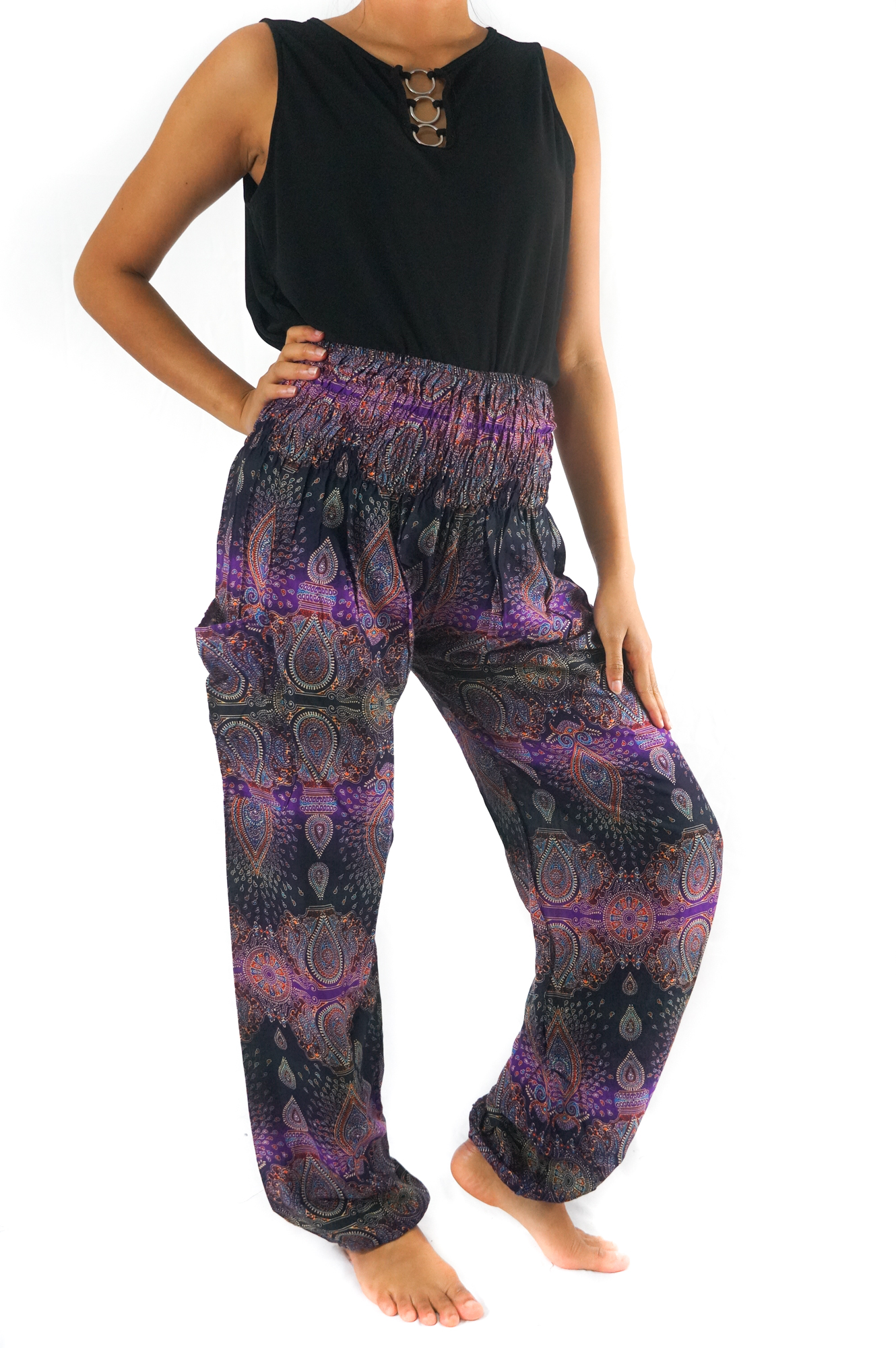 Purple PAISLEY Women Boho Pants featuring a vibrant paisley pattern, elastic waist, and ankle design, perfect for yoga and casual wear.