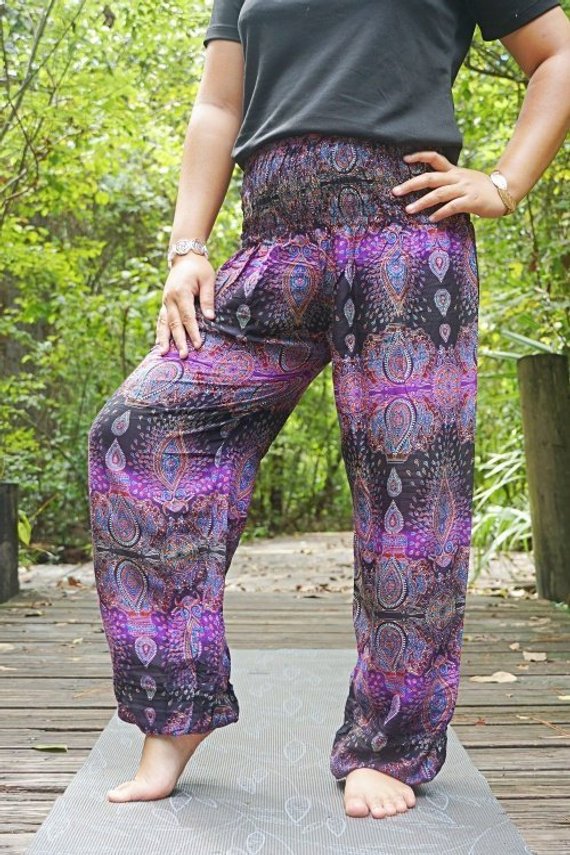 Purple PAISLEY Women Boho Pants featuring a vibrant paisley pattern, elastic waist, and ankle design, perfect for yoga and casual wear.