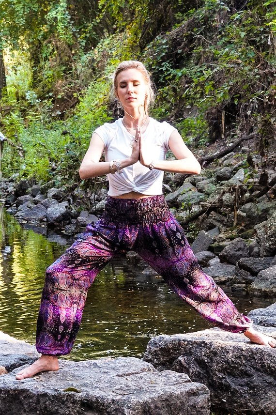 Purple PAISLEY Women Boho Pants featuring a vibrant paisley pattern, elastic waist, and ankle design, perfect for yoga and casual wear.