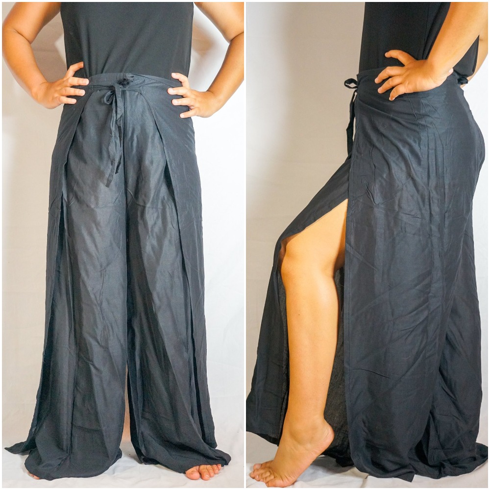 Solid Black Palazzo Wrap Pants featuring an open leg design, perfect for boho and hippie styles, made from breathable rayon fabric.