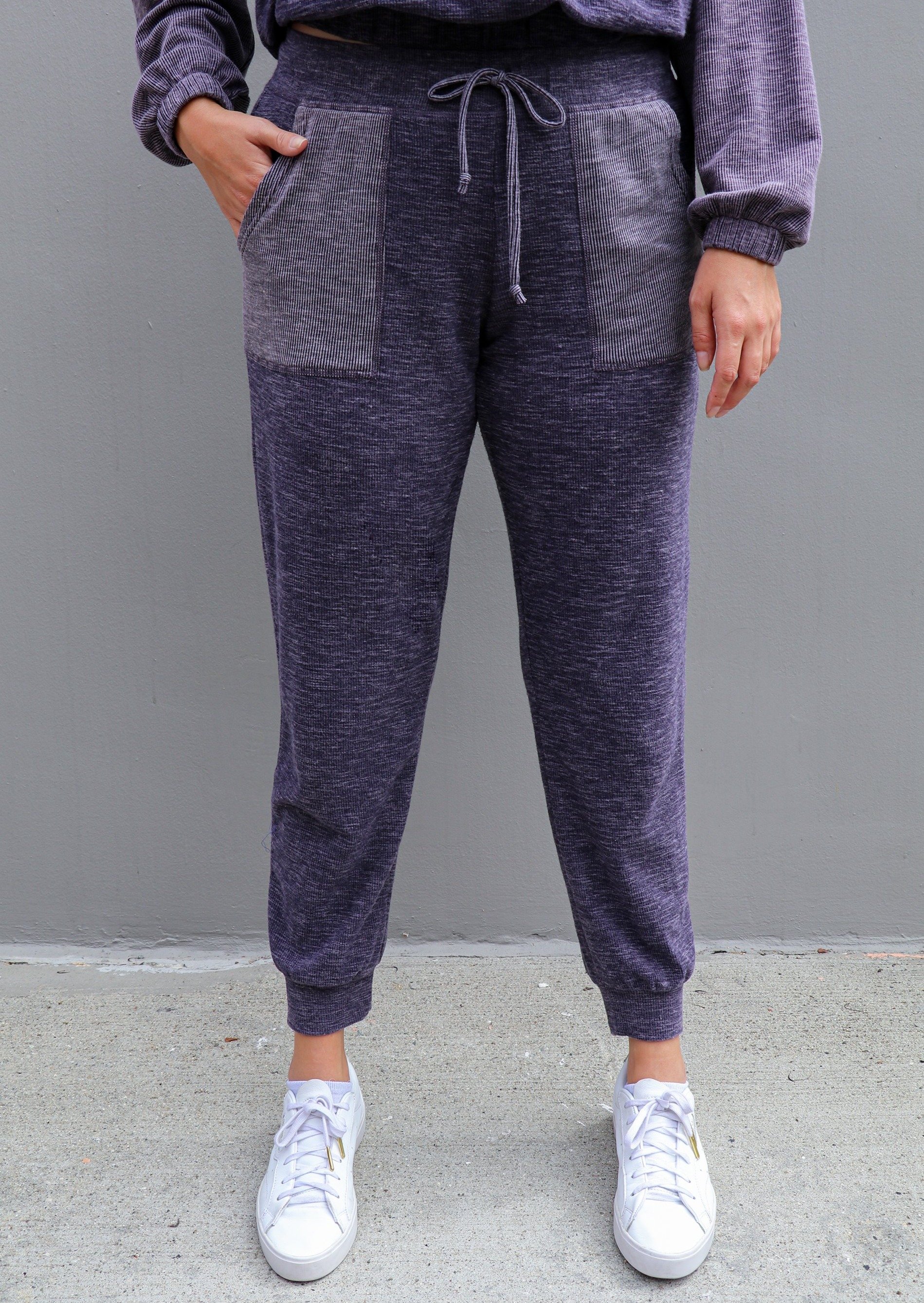 Stevie Jogger in ultra-soft brushed rib fabric with contrast rib porkchop pockets and drawstring waist.