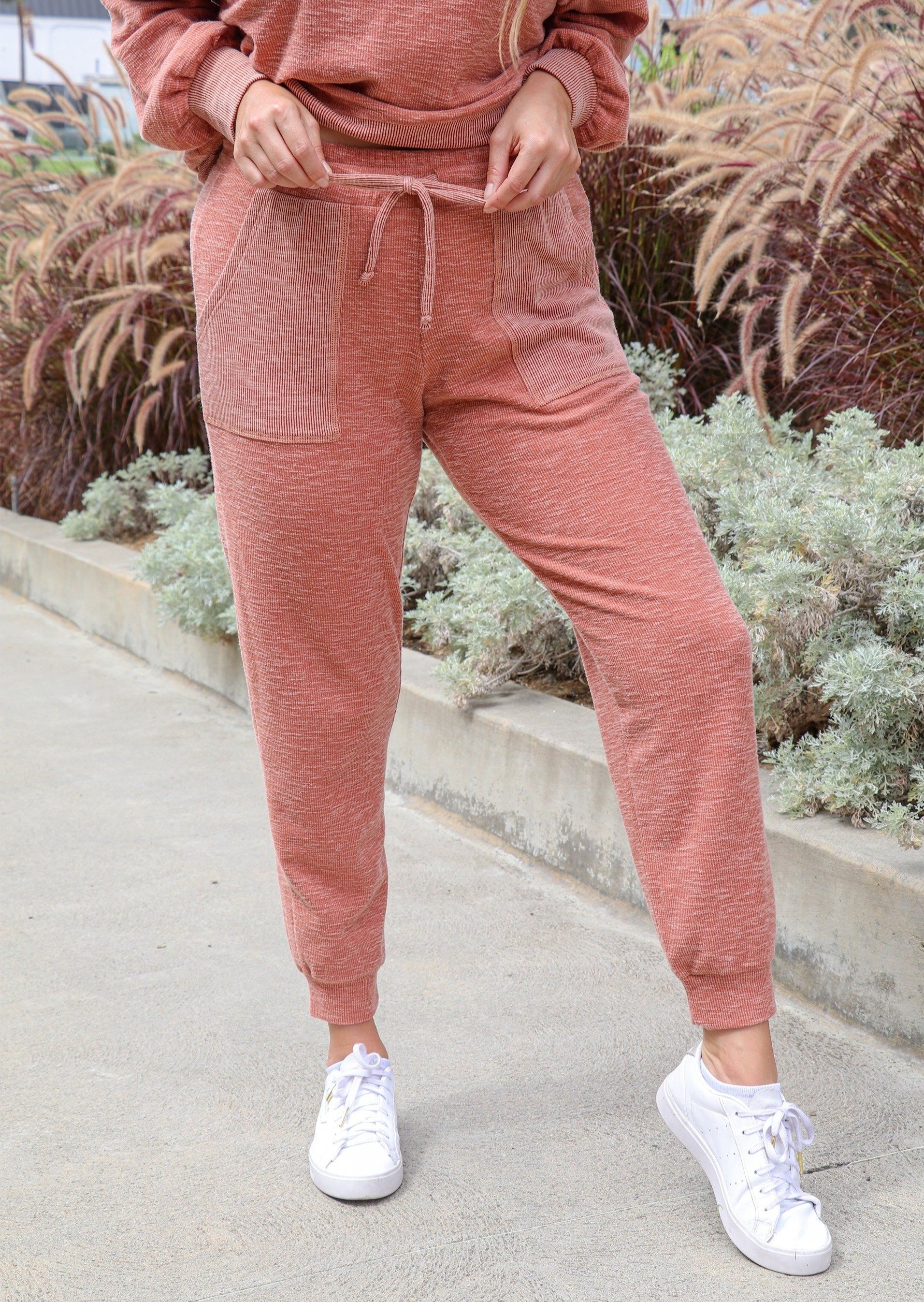 Stevie Jogger in ultra-soft brushed rib fabric with contrast rib porkchop pockets and drawstring waist.