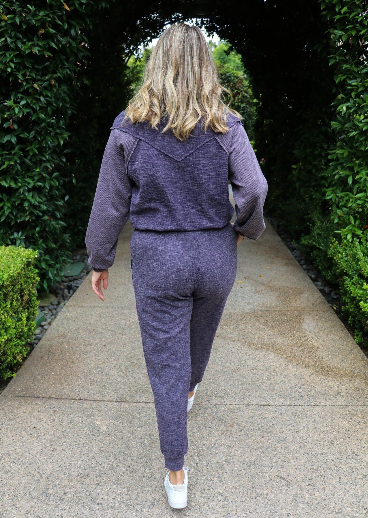 Stevie Jogger in ultra-soft brushed rib fabric with contrast rib porkchop pockets and drawstring waist.