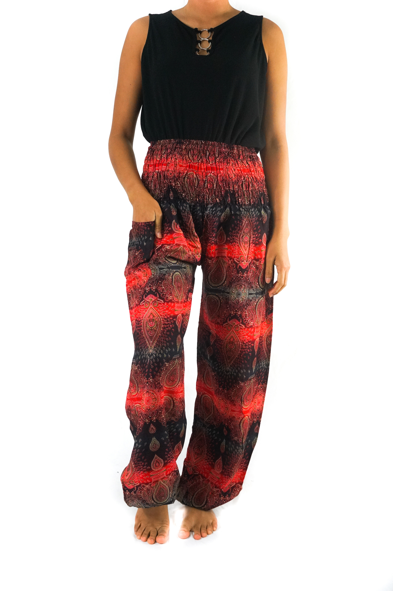 Striped harem pants made of lightweight rayon, featuring an elastic waist and ankle, perfect for boho and hippie styles.