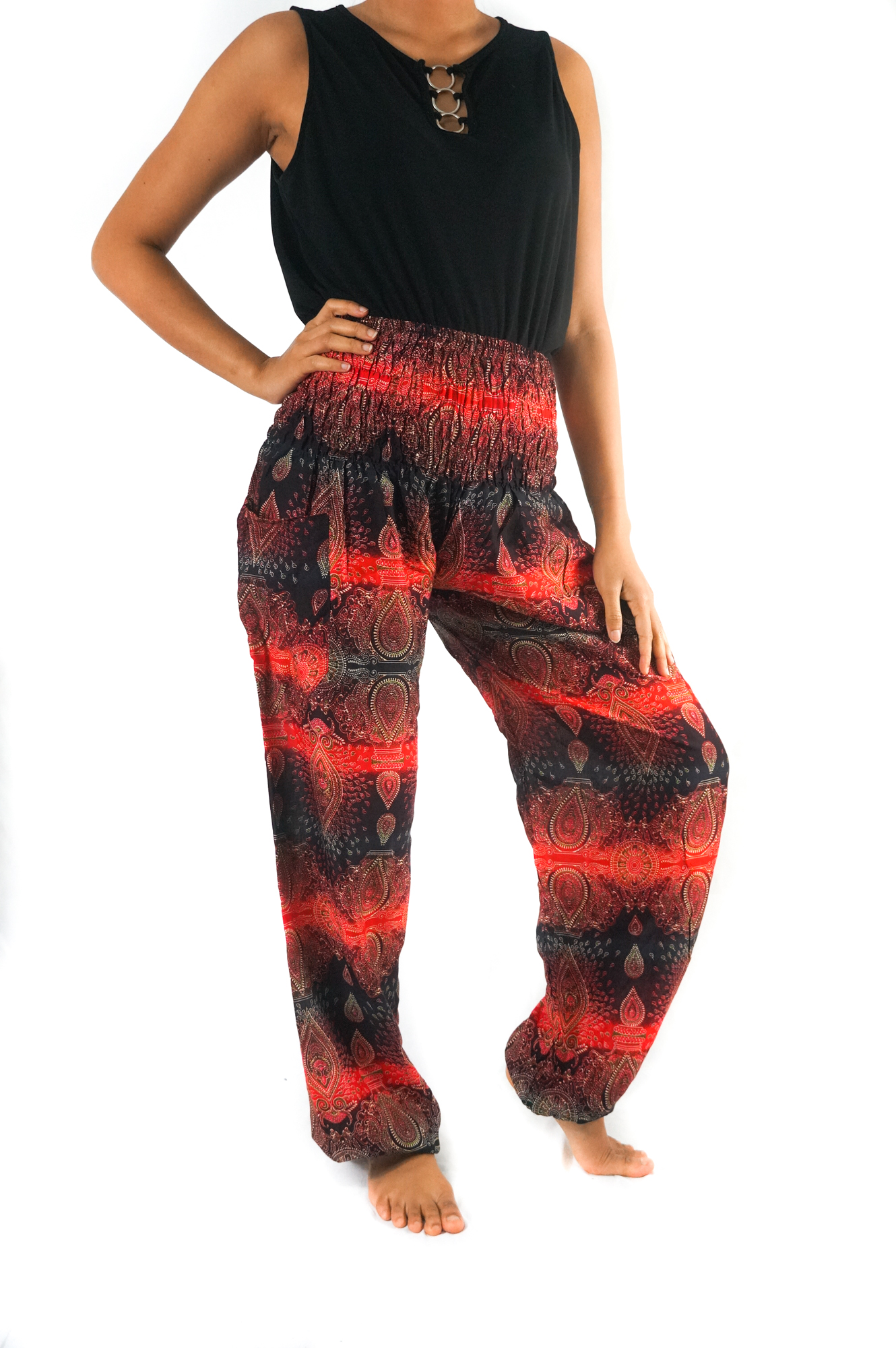 Striped harem pants made of lightweight rayon, featuring an elastic waist and ankle, perfect for boho and hippie styles.