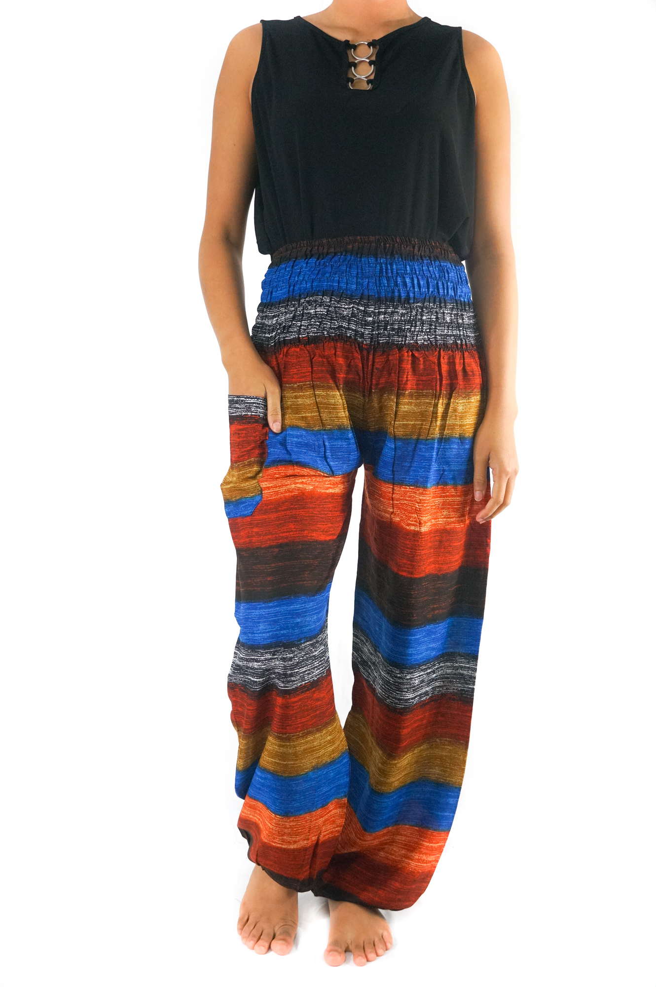 Striped harem pants made of lightweight rayon, featuring an elastic waist and ankles, perfect for casual wear and yoga.