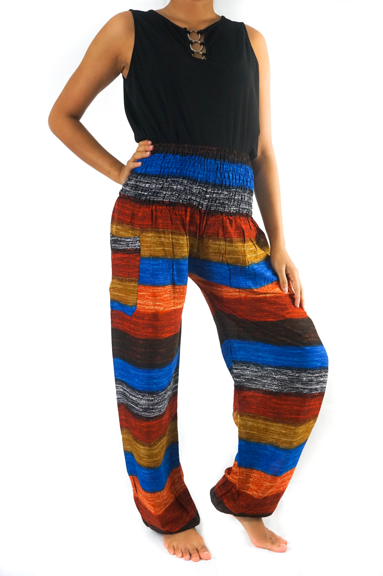 Striped harem pants made of lightweight rayon, featuring an elastic waist and ankles, perfect for casual wear and yoga.