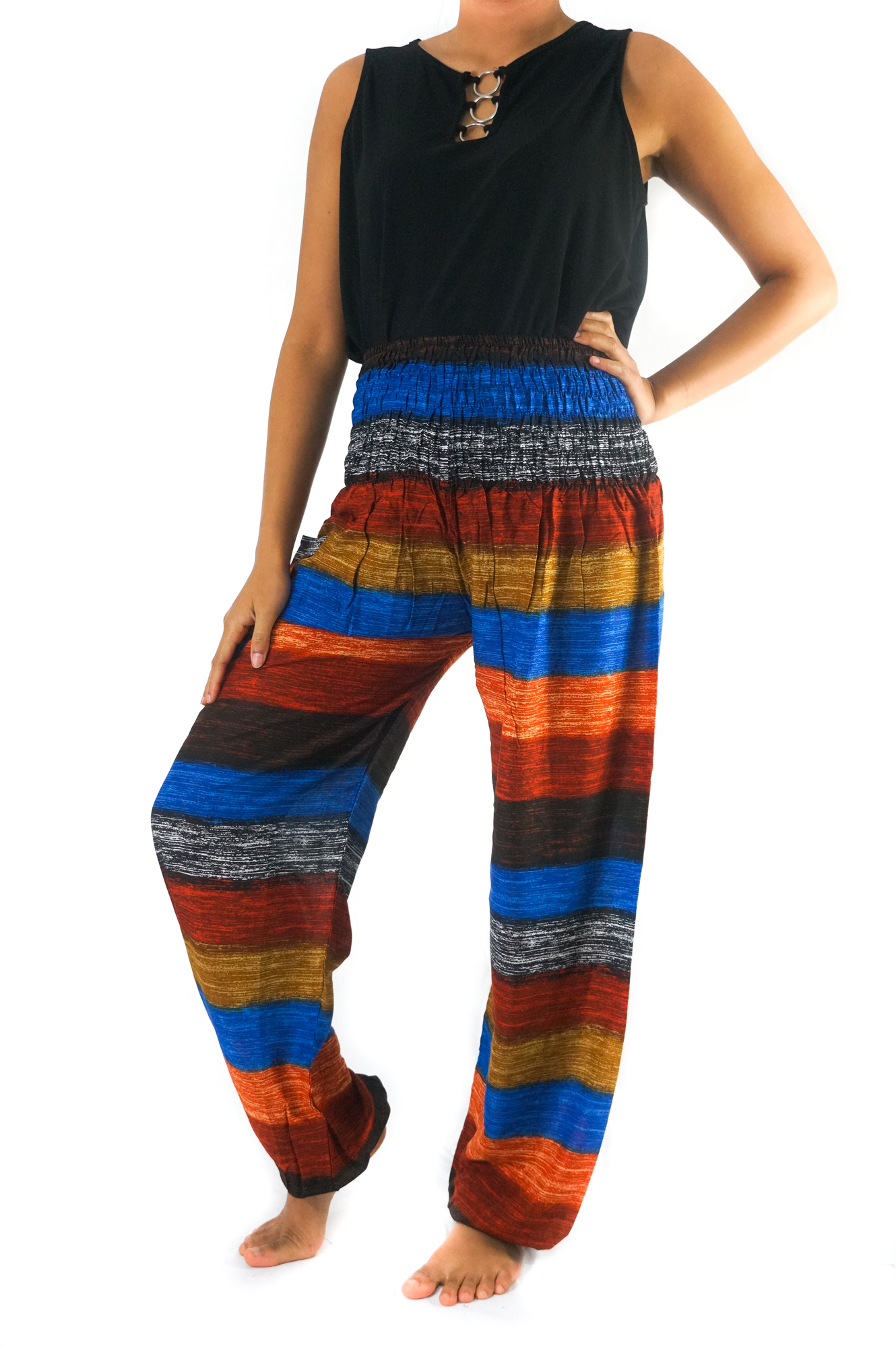 Striped harem pants made of lightweight rayon, featuring an elastic waist and ankles, perfect for casual wear and yoga.