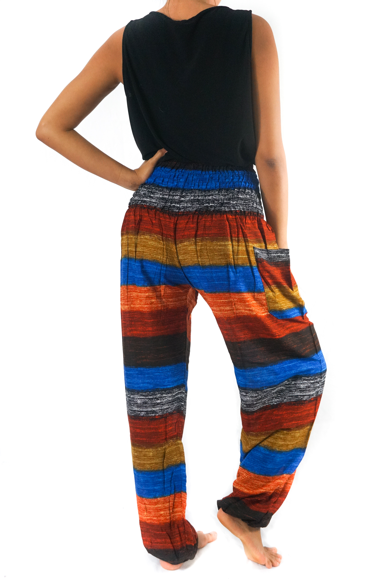 Striped harem pants made of lightweight rayon, featuring an elastic waist and ankles, perfect for casual wear and yoga.