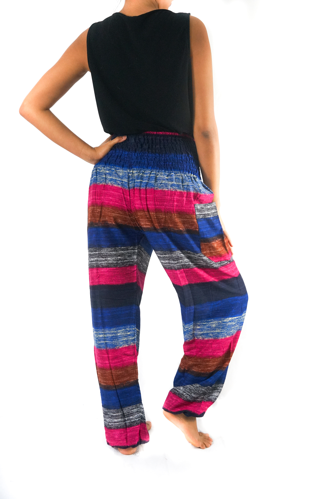 A pair of stylish striped harem pants made from breathable rayon, featuring an elastic waist and ankle, perfect for casual and active wear.