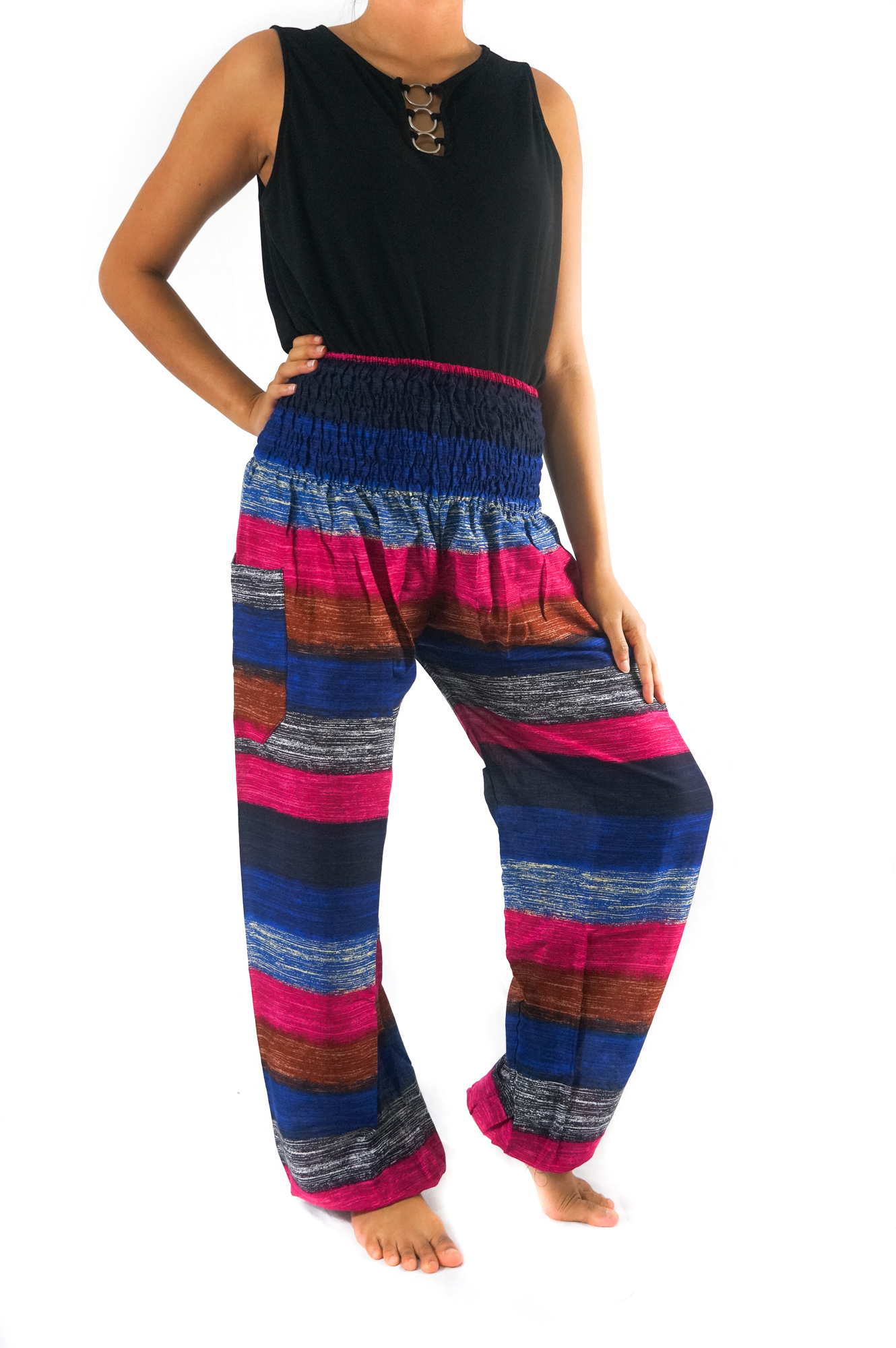 A pair of stylish striped harem pants made from breathable rayon, featuring an elastic waist and ankle, perfect for casual and active wear.