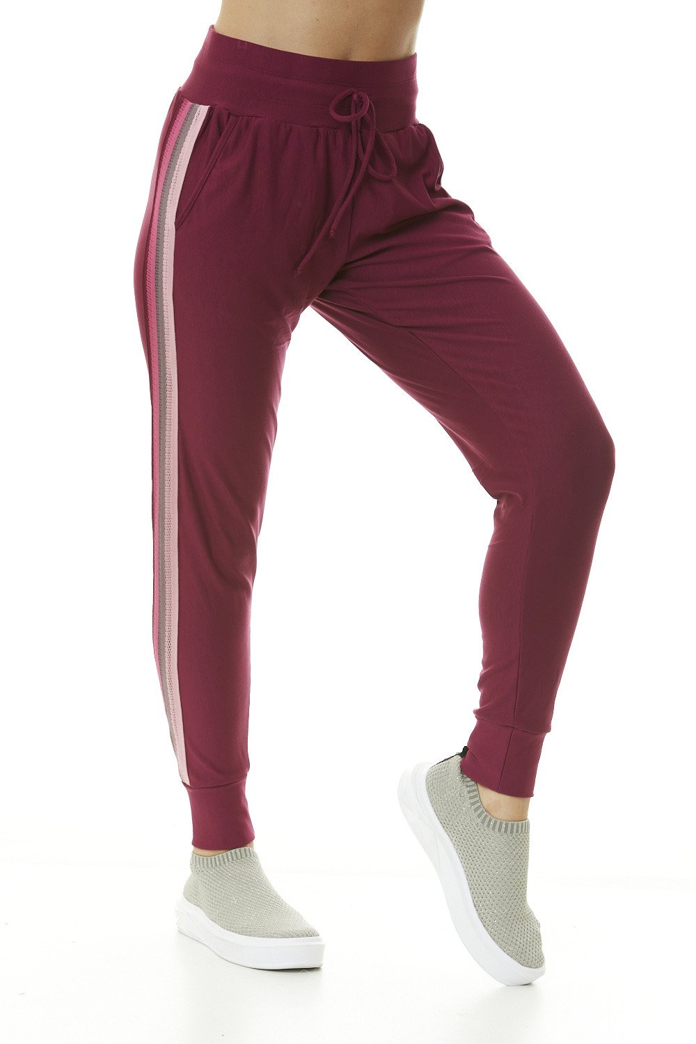 Tamisa Women Joggers featuring a wide cuff hem, side pockets, and a trendy tri-color band in blush, grey, and coral.