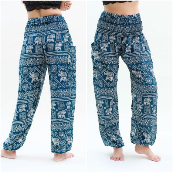 Teal Elephant Pants for women, featuring a bohemian design with elastic waist and ankle, made from breathable rayon fabric, perfect for yoga and casual wear.