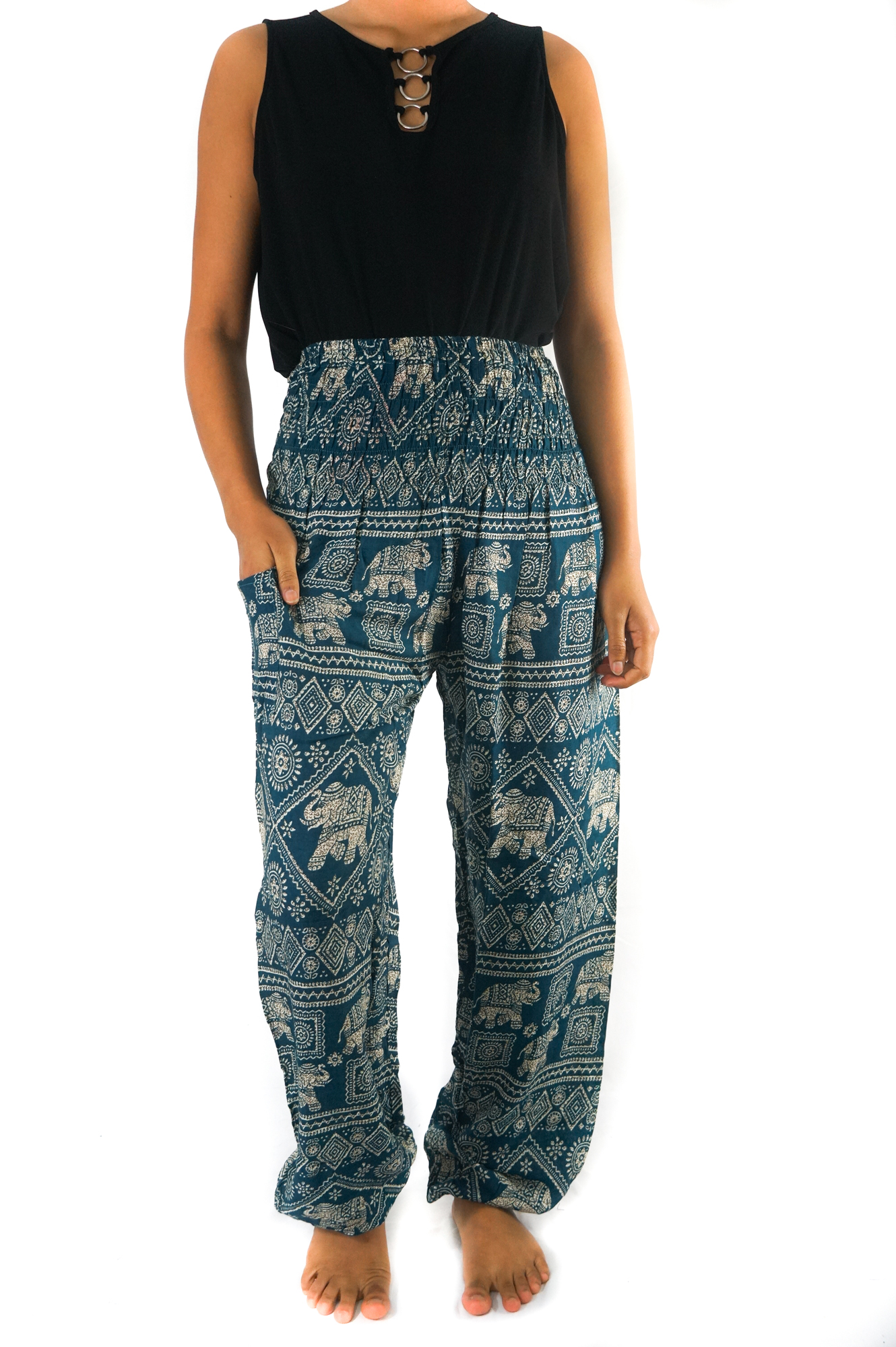 Teal Elephant Pants for women, featuring a bohemian design with elastic waist and ankle, made from breathable rayon fabric, perfect for yoga and casual wear.