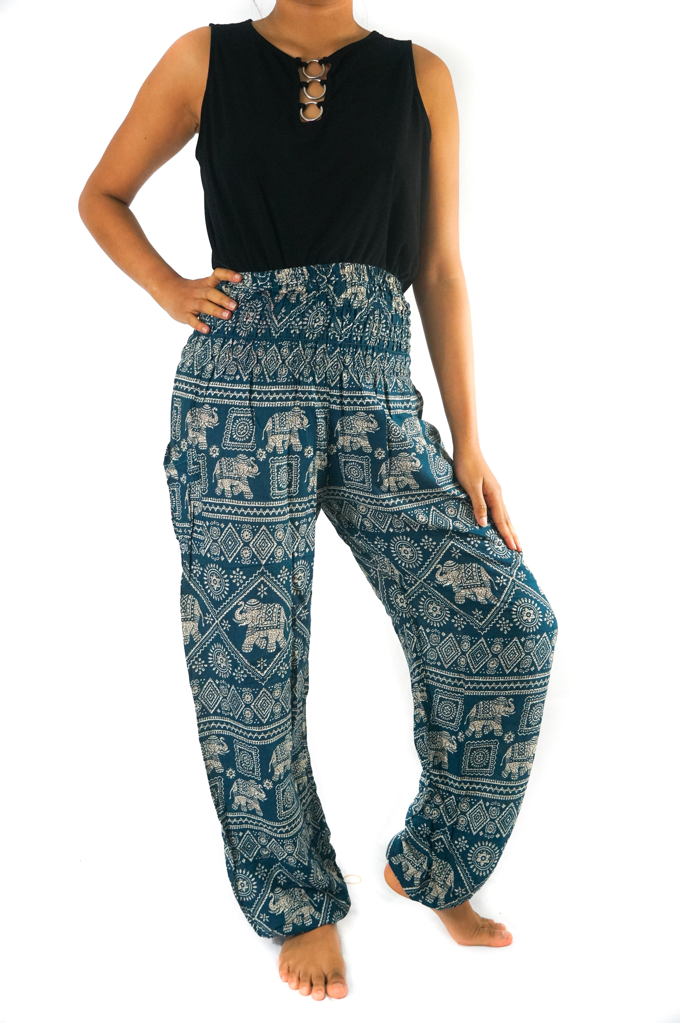 Teal Elephant Pants for women, featuring a bohemian design with elastic waist and ankle, made from breathable rayon fabric, perfect for yoga and casual wear.