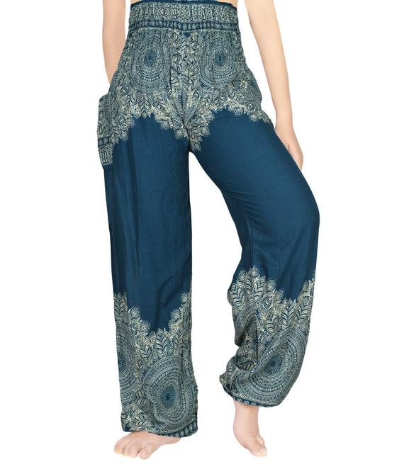 Teal floral women boho pants made of 100% rayon, featuring an elastic waist and ankle, one side pocket, and a vibrant floral pattern.