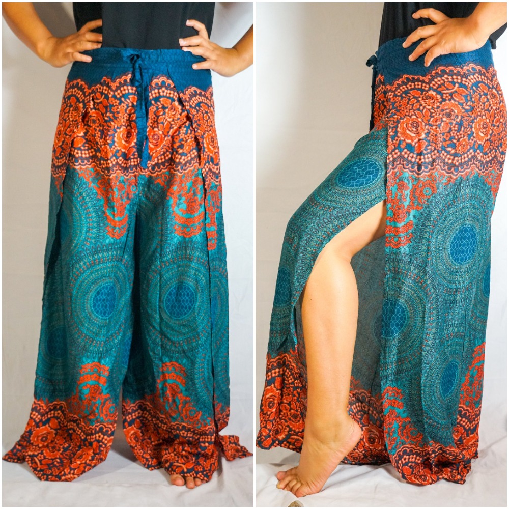 Teal Palazzo Wrap Pants featuring a tie-dye pattern, open leg design, and two connected panels for a bohemian look.