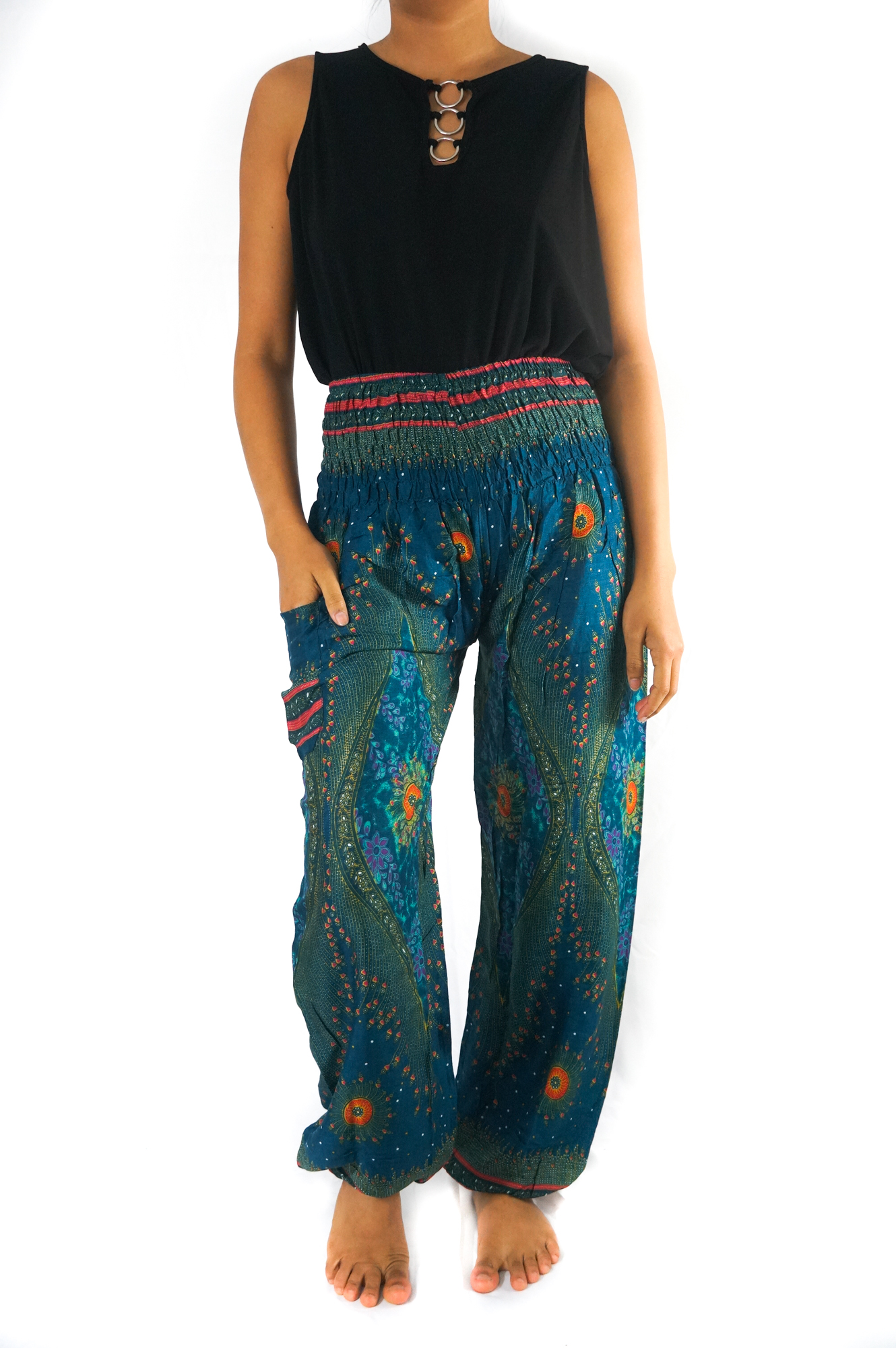 Teal PEACOCK Harem Pants for women, featuring a vibrant peacock print, elastic waist, and ankle design, perfect for boho and hippie styles.