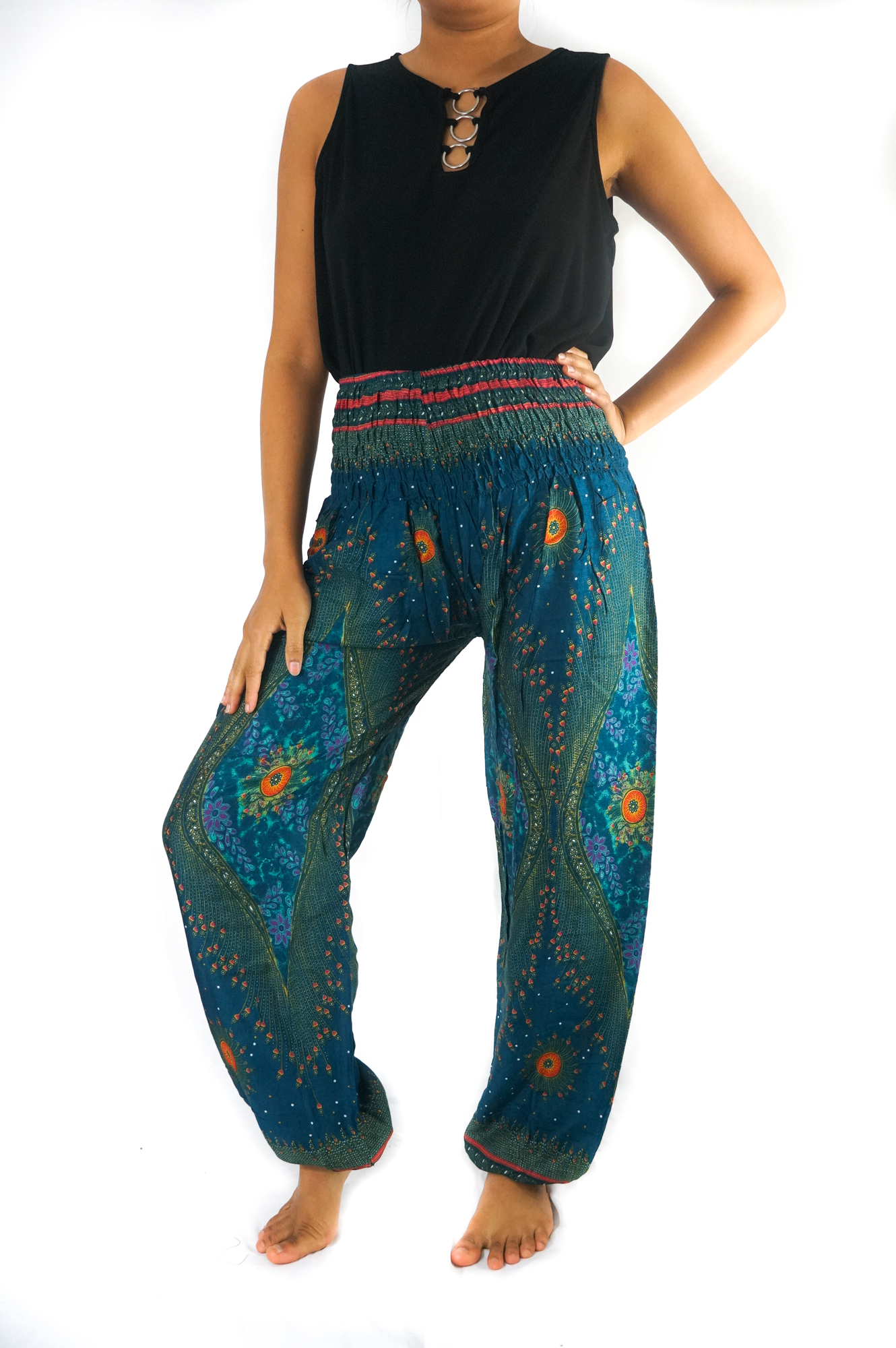 Teal PEACOCK Harem Pants for women, featuring a vibrant peacock print, elastic waist, and ankle design, perfect for boho and hippie styles.