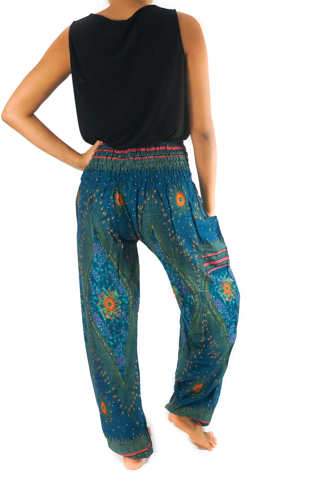 Teal PEACOCK Harem Pants for women, featuring a vibrant peacock print, elastic waist, and ankle design, perfect for boho and hippie styles.