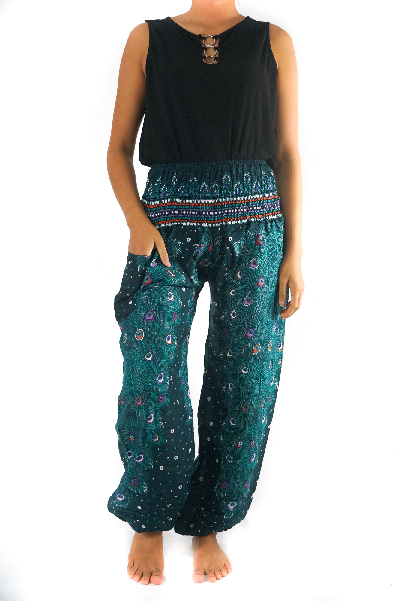 Teal PEACOCK Pants for women, featuring a vibrant peacock pattern, elastic waist, and ankle, made from lightweight breathable rayon, perfect for yoga and casual wear.