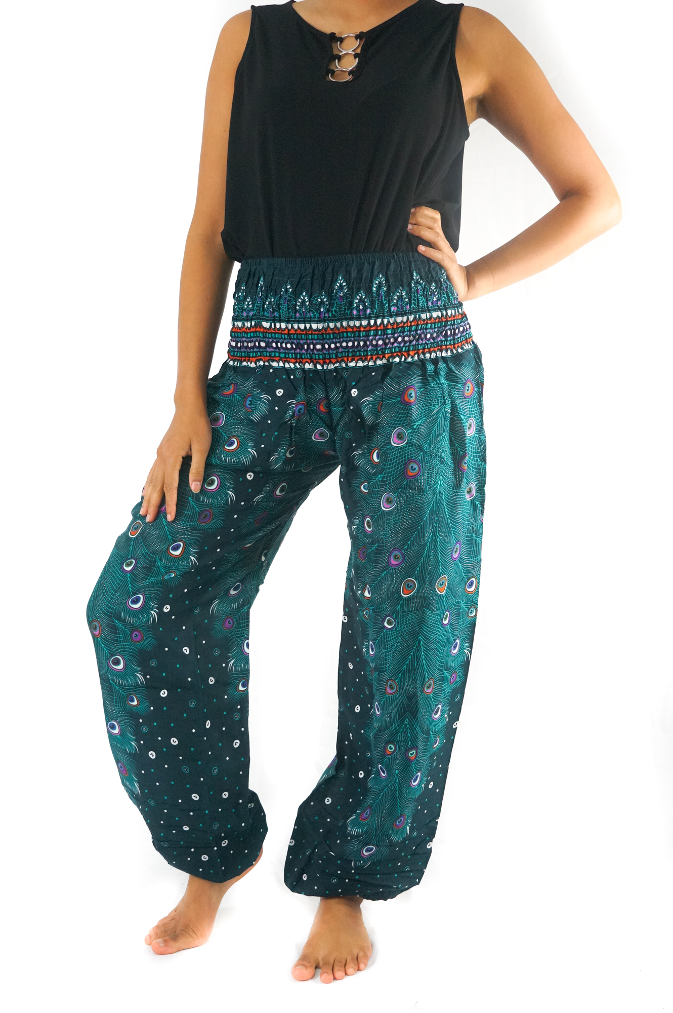 Teal PEACOCK Pants for women, featuring a vibrant peacock pattern, elastic waist, and ankle, made from lightweight breathable rayon, perfect for yoga and casual wear.