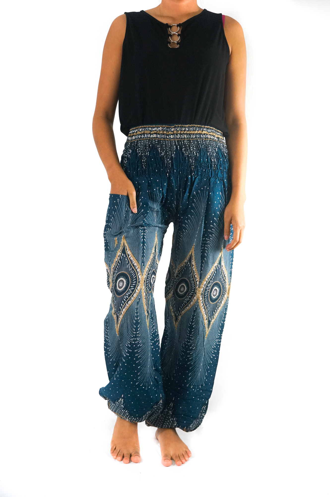 Teal PEACOCK Women Boho Pants featuring a vibrant peacock design, elastic waist, and ankle, made from lightweight breathable rayon fabric.