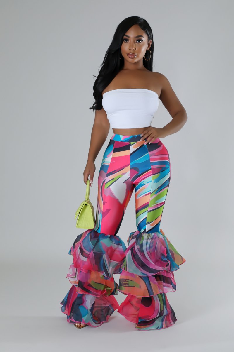 Trendy Colors Ruffled Bottom Pants featuring a high-waisted design and ruffled bottom, made from stretchy polyester and spandex blend.