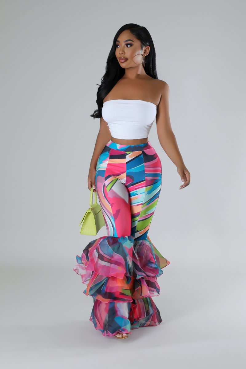 Trendy Colors Ruffled Bottom Pants featuring a high-waisted design and ruffled bottom, made from stretchy polyester and spandex blend.