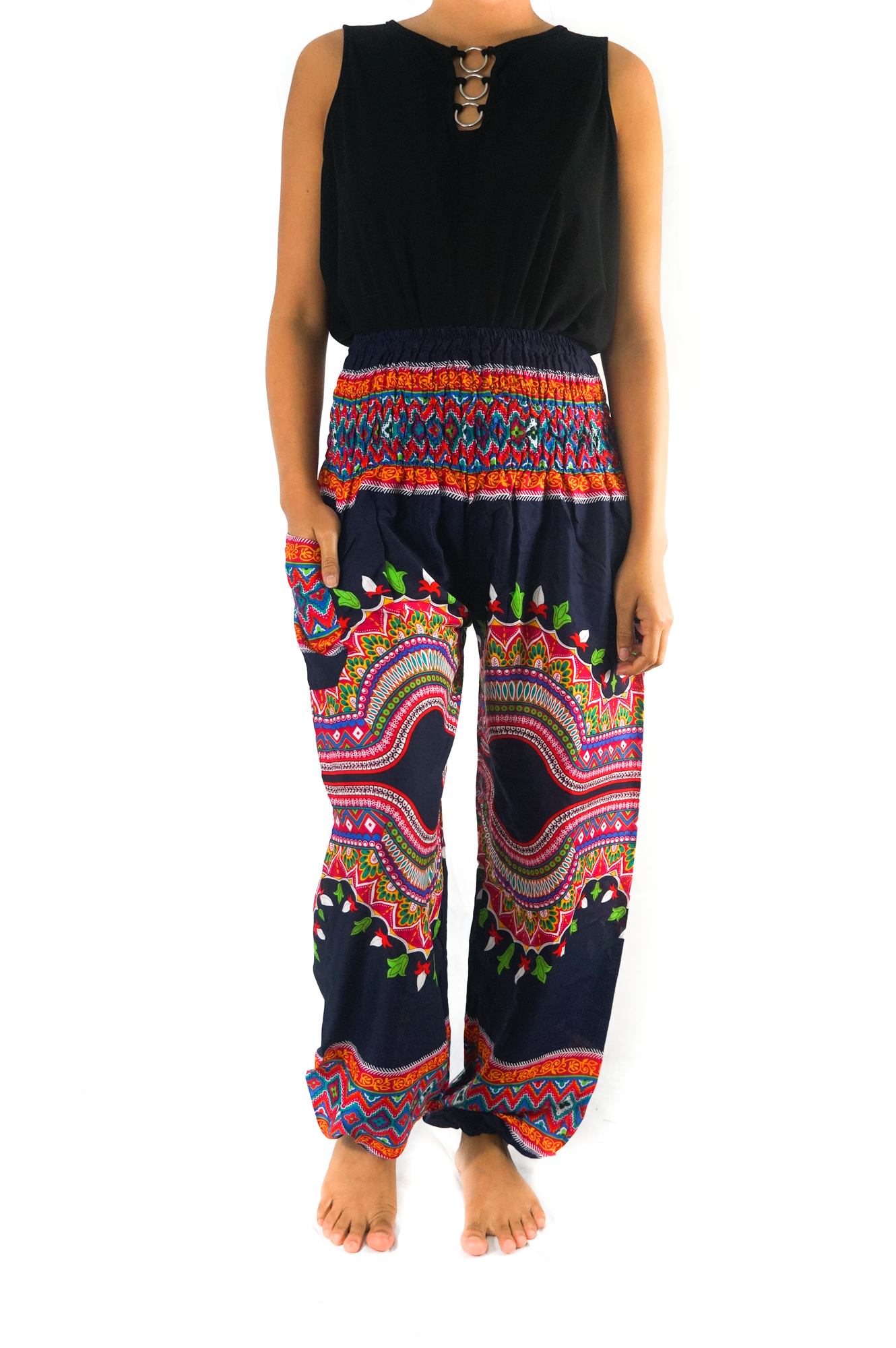 A pair of colorful Tribal Harem Pants made from 100% rayon, featuring an elastic waist and ankle, perfect for a bohemian style.