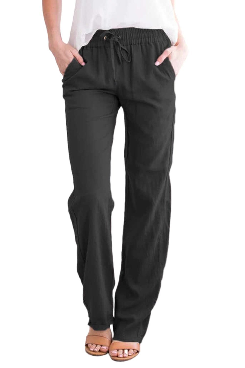 Women's black drawstring pants with elastic waist and pockets, featuring straight legs for a casual look.