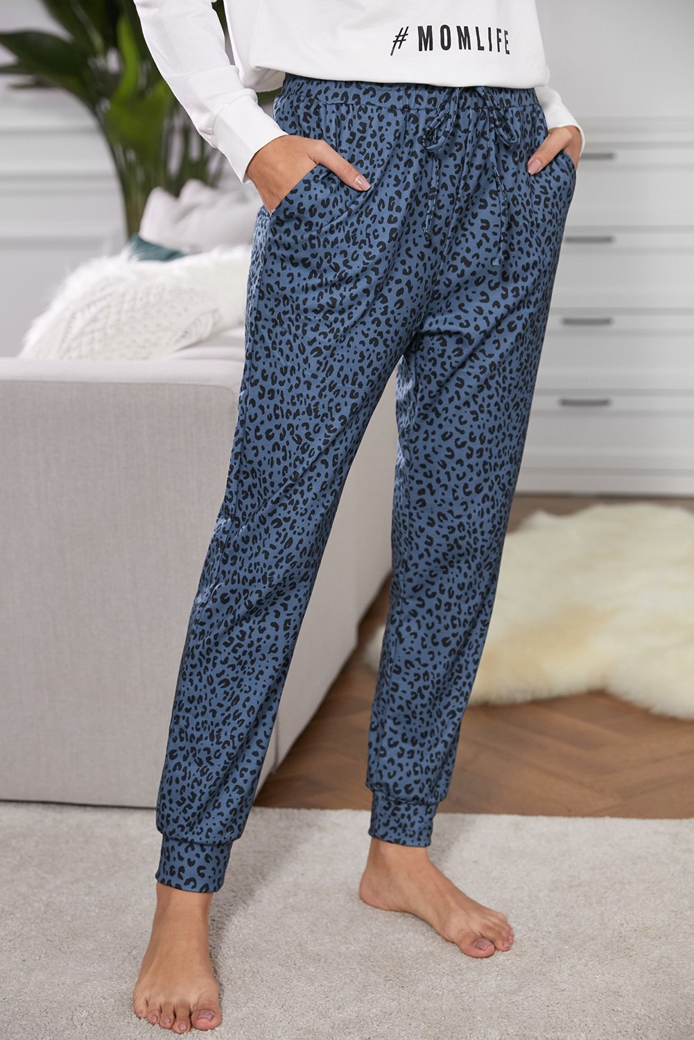 Women's Casual Blue Breezy Leopard Joggers featuring a stylish leopard print, adjustable waist, and relaxed fit, perfect for casual wear.