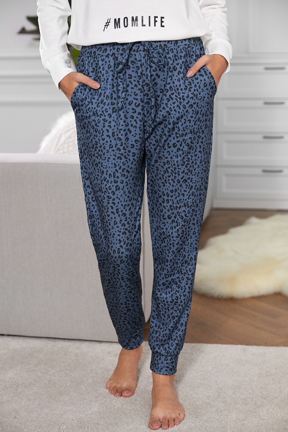 Women's Casual Blue Breezy Leopard Joggers featuring a stylish leopard print, adjustable waist, and relaxed fit, perfect for casual wear.