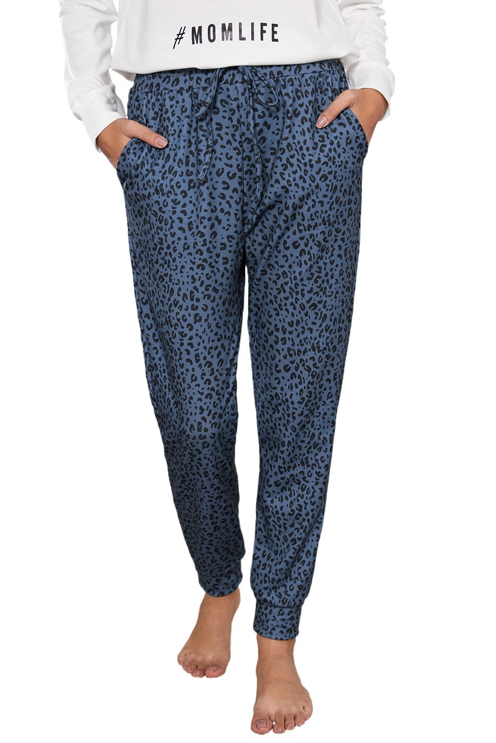 Women's Casual Blue Breezy Leopard Joggers featuring a stylish leopard print, adjustable waist, and relaxed fit, perfect for casual wear.