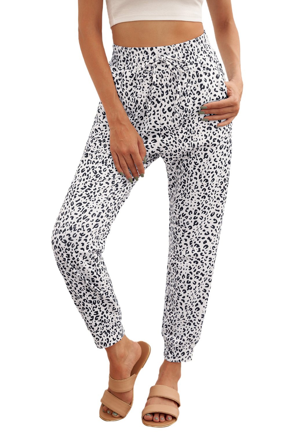 Women's Casual White Breezy Leopard Joggers featuring a stylish leopard print and adjustable smocked waist for a comfortable fit.