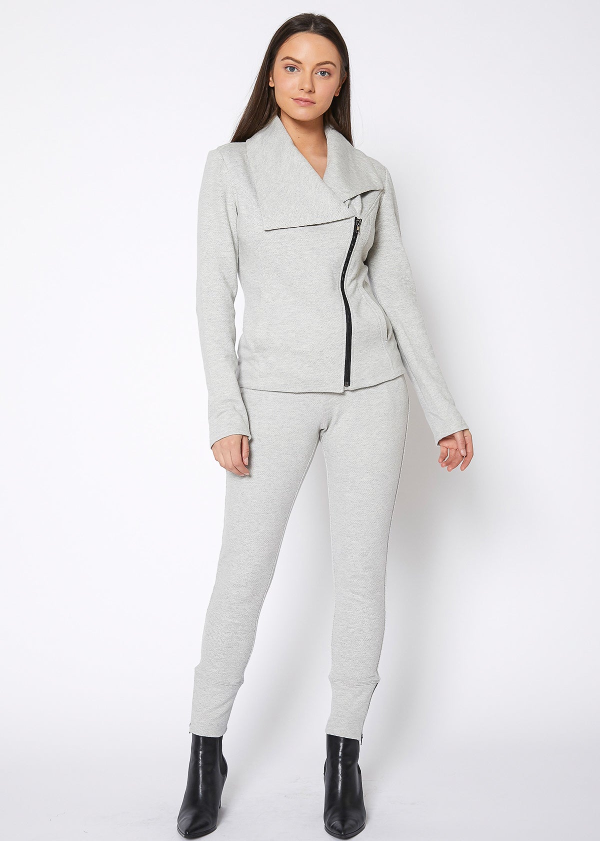 Women's Heather Grey Drawstring Waist Fitted Jogger Pants with Zipper Hem, showcasing a casual and stylish design.