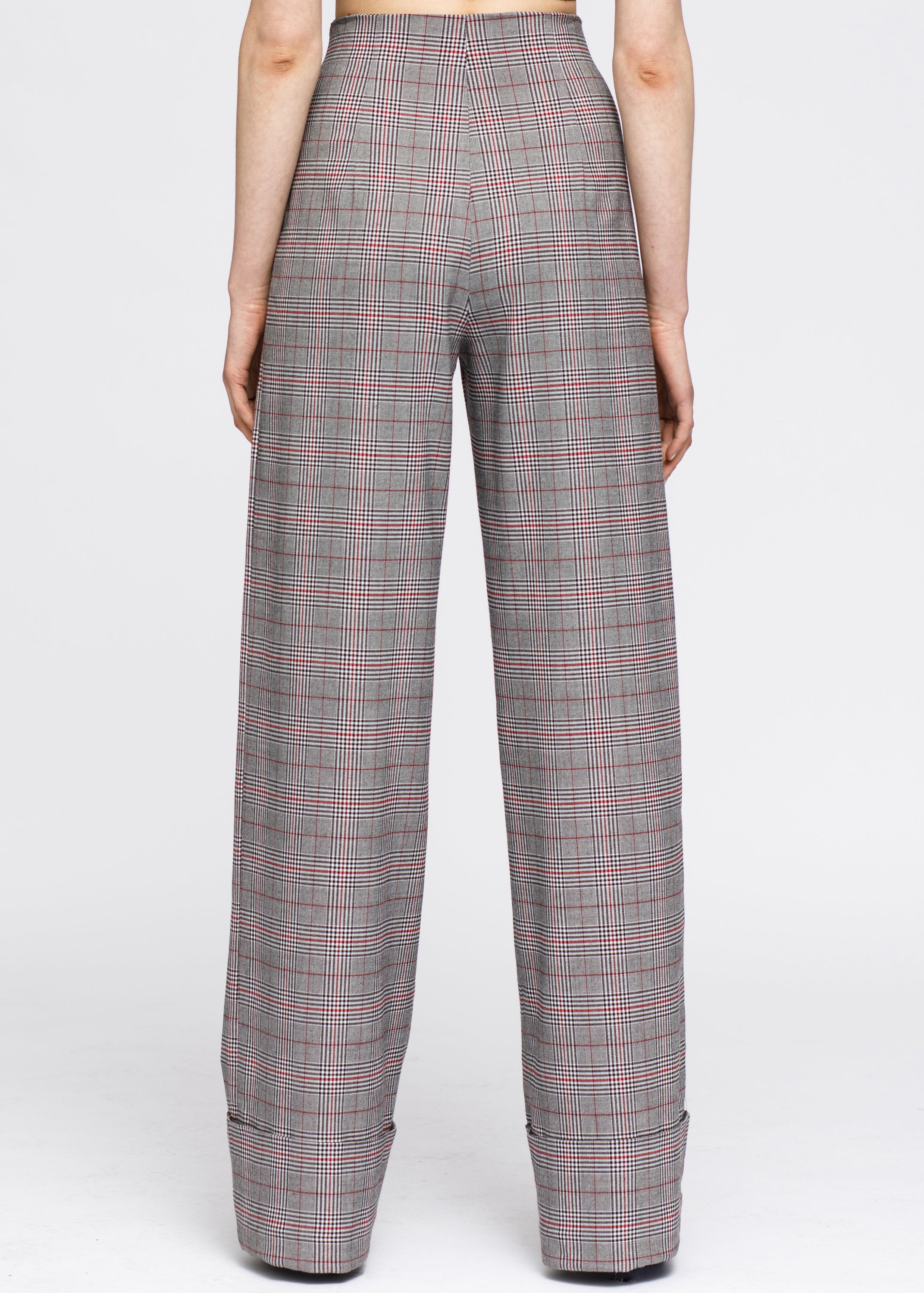 Women's grey plaid high waist wide leg pants featuring a multi glen plaid pattern, cuffed hem, and hidden side zipper closure.