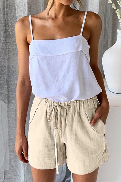 Casual Beige Faylin Women Shorts featuring an elasticised waist, drawstring, and stylish pockets, perfect for summer wear.