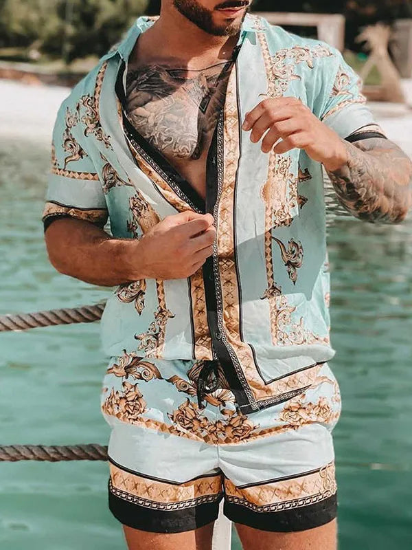 Men's designer two-piece beach set featuring a stylish print, O-neck top, and drawstring pants, perfect for casual beach outings.